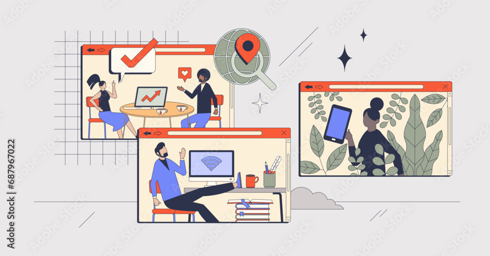 Poster remote work and flexibility as gen z employee benefits retro tiny person concept. new generation wor