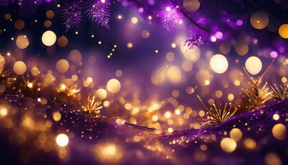 Fototapeta na wymiar Merry Christmas and Happy New Year fairy background with purple and gold colours