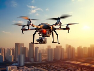 Drone quad copters  flying aerial over spectacular sunset orange sky. Cityscape with sun
