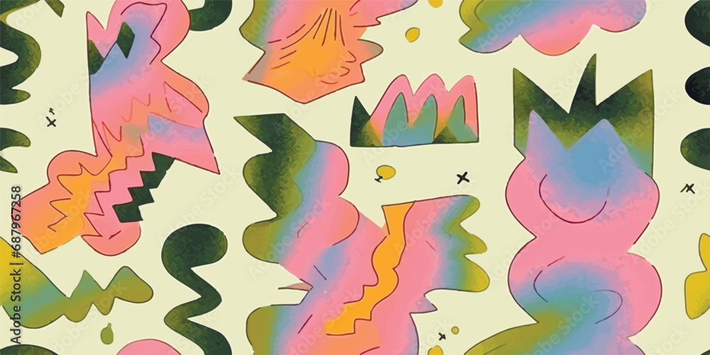 Poster 90s style retro seamless pattern with geometric shapes. multi colored curved spots. stained pattern 