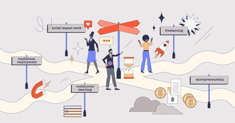 Redefining traditional career paths for Gen Z occupations retro tiny person concept. New approach to find professional future goals vector illustration. Continuous learning and entrepreneurship model - obrazy, fototapety, plakaty