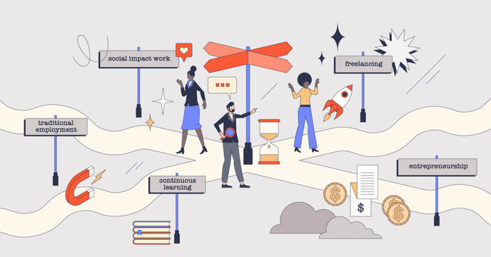 Redefining traditional career paths for Gen Z occupations retro tiny person concept. New approach to find professional future goals vector illustration. Continuous learning and entrepreneurship model