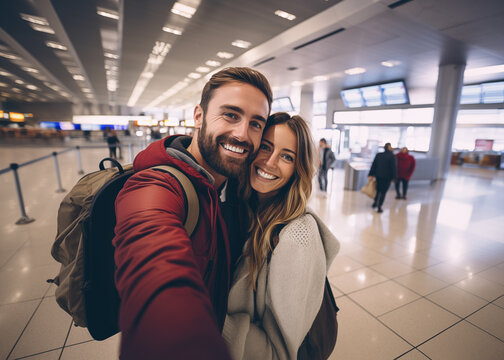 Cute couple of young people smiling having fun in the airport taking a selfie together looking at the camera enjoying vacations time..