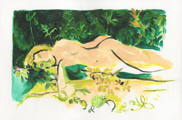 sleeping woman with plants. watercolor painting. illustration - 687967644