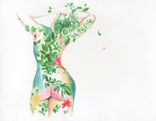 woman body with plants. watercolor painting. illustration