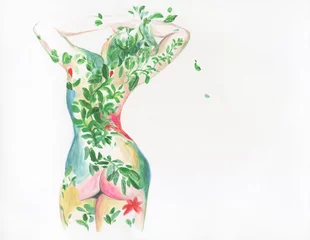 Abwaschbare Fototapete woman body with plants. watercolor painting. illustration © Anna Ismagilova
