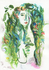 abstract woman with plants. watercolor painting. illustration - 687967680