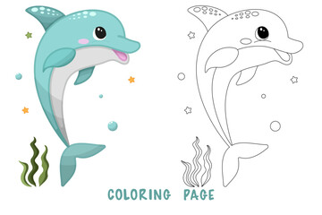 Coloring page of cartoon cute happy dolphin jumping for design element. Vector illustration of funny sea animal on a white background. Сhildren's coloring book with color example.