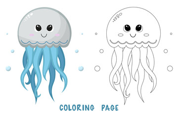 Coloring page of cartoon cute happy jellyfish for design element. Vector illustration of funny sea animal on a white background. Сhildren's coloring book with color example.