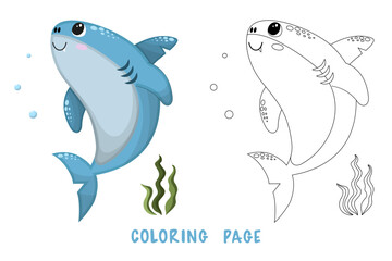 Coloring page of cartoon cute happy shark for design element. Vector illustration of funny sea animal on a white background. Сhildren's coloring book with color example.