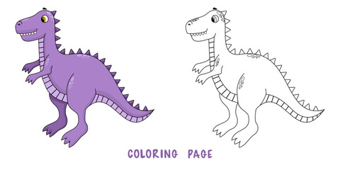 Coloring page of cartoon cute happy baby tyrannosaur for design element. Bright colorful children's illustration in cartoon style. Сhildren's coloring book with color example.