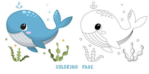 Coloring page of cartoon cute happy whale for design element. Vector illustration of funny sea animal on a white background. Сhildren's coloring book with color example.
