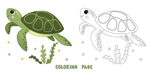 Coloring page of cartoon cute happy turtle for design element. Vector illustration of funny sea animal on a white background. Сhildren's coloring book with color example.