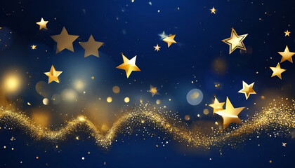 Abstract Christmas background with gold stars, particles, and sparkling navy blue. 2024 New Year background.