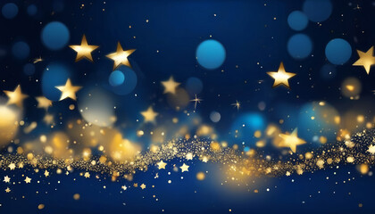 Fototapeta na wymiar Abstract Christmas background with gold stars, particles, and sparkling navy blue. 2024 New Year background.