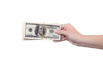 Hand gives stack of money on the right . Money in a hand isolated on white background