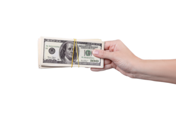 Hand gives stack of money on the right . Money in a hand isolated on transparent background