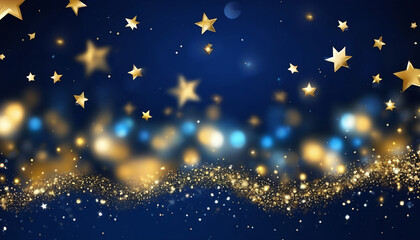 Abstract Christmas background with gold stars, particles, and sparkling navy blue. 2024 New Year background.