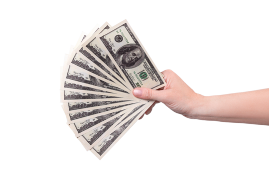 Hand on the right shows a fan of money. Money in a hand isolated on white or png transparent background 100 dollars