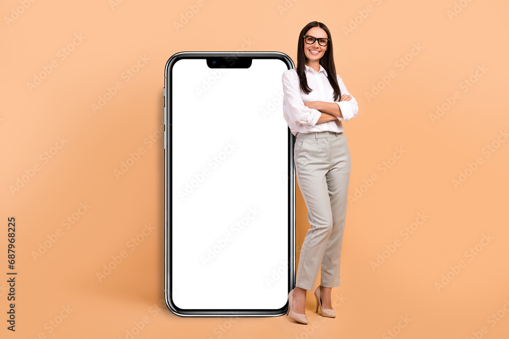 Poster full size photo of attractive successful girl crossed arms large empty space smart phone isolated on
