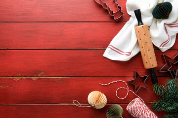 Christmas culinary background with ingredients for cooking christmas baking cranberries, sugar,...