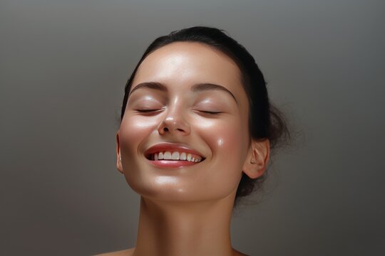 Close Up Portrait Of A Woman With Clear Skin And Closed Eyes