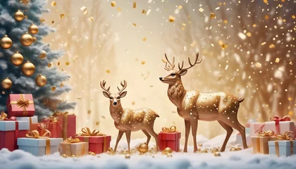Selbstklebende Fototapeten christmas background with deer realistic 3d decorative design objects, small deer, gift boxes, snowy trees, gold confetti. Happy New Year  created with generative ai © Chaudhry