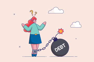 Credit slavery concept. Woman trying to go with huge weight of debt chained to his leg. Flat style vector illustration.