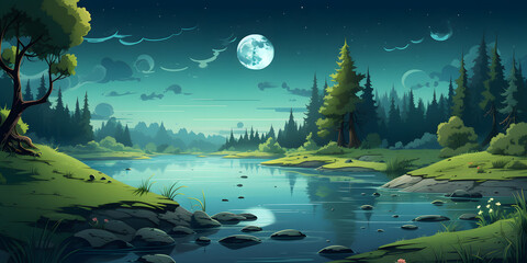 Fototapeta na wymiar Night Lake Vector Landscape Background