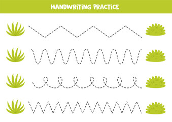 Tracing lines for kids. Cute cartoon green bushes. Handwriting practice.