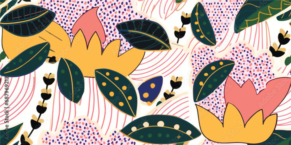 Poster naive art style vector pattern made with hand-drawn doodles and simple geometric forms and shapes, u