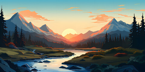 Fototapeta na wymiar Mountain Sunset Vector Landscape Background
