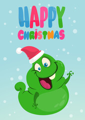 Cartoon happy green monster with funny face expression wearing Santa Claus hat. Merry Christmas party invitation card or  poster. New year's holiday design. Vector illustration