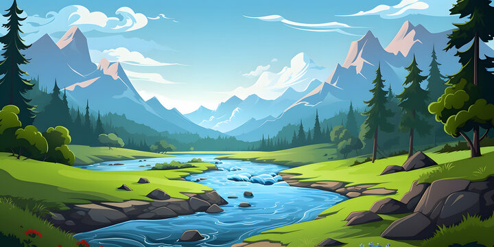 Forest River Mountains Vector Landscape Background © armel
