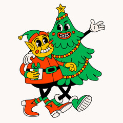 Retro cartoon Christmas tree and Elf. Groovy vintage 70s funny Christmas tree and Elf characters walking arm in arm.