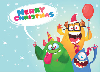 Cartoon happy monsters set with different face expressions. Merry Christmas party invitation card or  poster. New year's holiday design. Vector illustration