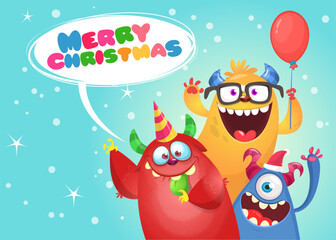 Cartoon happy monsters set with different face expressions. Merry Christmas party invitation card or  poster. New year's holiday design. Vector illustration