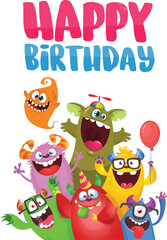 Obraz na płótnie Canvas Cartoon happy monsters set with different face expressions. Birthday party invitation card or poster design. Vector illustration