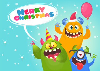 Cartoon happy monsters set with different face expressions. Merry Christmas party invitation card or  poster. New year's holiday design. Vector illustration