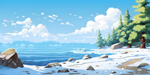 Winter Lake Vector Landscape Background