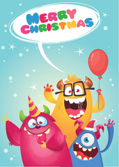 Cartoon happy monsters set with different face expressions. Merry Christmas party invitation card or  poster. New year's holiday design. Vector illustration
