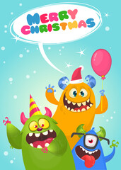 Obraz na płótnie Canvas Cartoon happy monsters set with different face expressions. Merry Christmas party invitation card or poster. New year's holiday design. Vector illustration