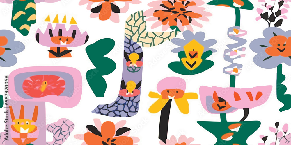 Poster naive art style vector pattern made with hand-drawn doodles and simple geometric forms and shapes, u