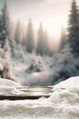 Wooden desk cover of snow flakes and blurred landscape of mountains. Cold december day. Empty space for your products. Mockup background and christmas time. Natural light. Snow and frost decoration. - 687970050
