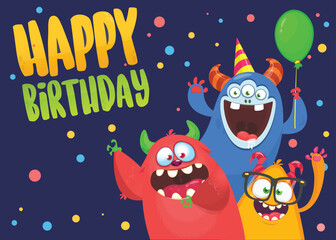 Cartoon happy monsters set with different face expressions. Birthday party invitation card or  poster design. Vector illustration