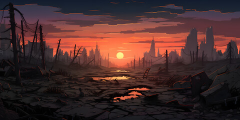 Ruined City Sunset Vector Landscape Background