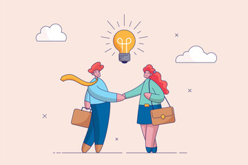 Creativity or imagination concept. Bright idea to solve problem, business team brainstorm or thinking about new innovative idea, businessman and businesswoman thinking with bright lightbulb idea.