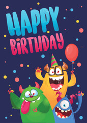 Cartoon happy monsters set with different face expressions. Birthday party invitation card or  poster design. Vector illustration
