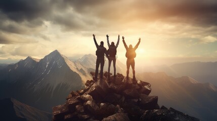 Team at the top of the mountain is celebrating victory - obrazy, fototapety, plakaty