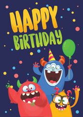 Fototapeta na wymiar Cartoon happy monsters set with different face expressions. Birthday party invitation card or poster design. Vector illustration